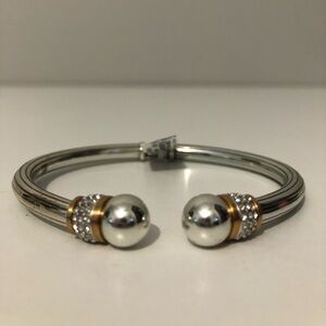 Brighton Two Tone Silver Gold Crystal Cuff Hinged Bangle Meridian Bracelet